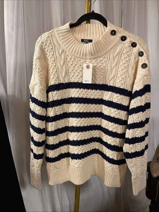 Hatley Sweaters - Hatley Cream & Navy Button Neck Striped Cable-Knit Sweater